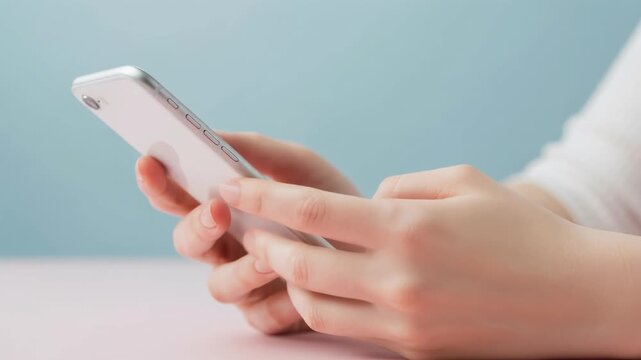 Young womans hands delicately hold a silver mobile phone against a vibrant pastel blue and pink background illustrating digital connection and modern lifestyle