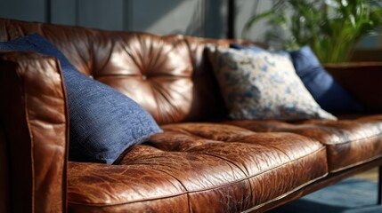 Fototapeta premium Brown leather sofa with decorative cushions in a sunlit room featuring indoor plants and soft textures