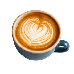 Latte art heart in blue cup isolated on white background