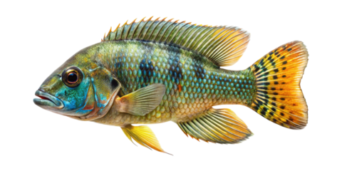 Vibrant freshwater cichlid fish with striking blue and orange markings isolated on transparent background