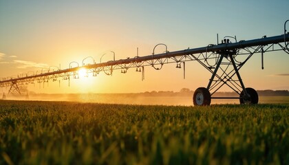 Large irrigation system waters green grass field at sunrise. Long metal sprinkler with wheels sprays water on crops. Agricultural equipment in farm landscape. Farming technology in rural area. Green