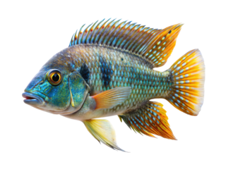 Vibrant blue and orange cichlid fish with intricate fins isolated on transparent background