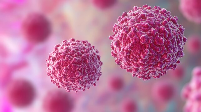 Pink microscopic viral capsids with intricate textured surfaces in scientific illustration