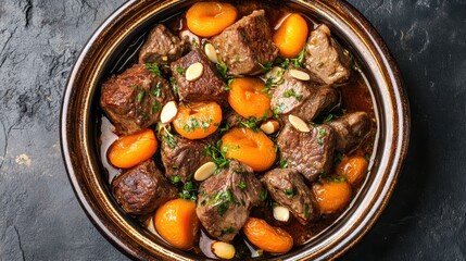 Moroccan Lamb Tagine with Apricots and Almonds Presented Top Down
