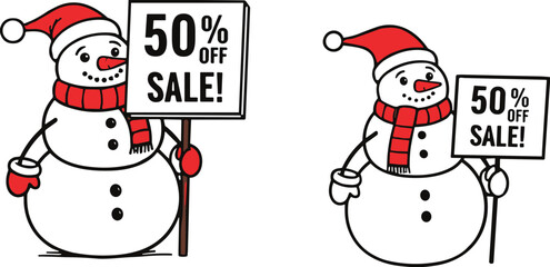 Cute Snowman Characters Vector Set Holding 50% Off Sale Signs, Festive Winter Holiday Discount and Christmas Promotion Graphic Illustration, Isolated Design