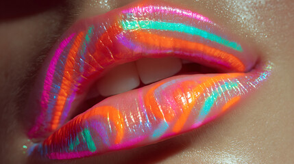 Closeup beauty shot of a smiling woman applying red lip gloss to her lips