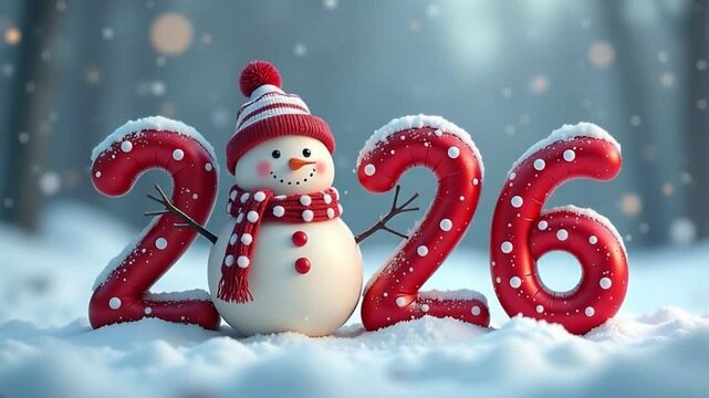 2025 new year with snowman and red numbers. Winter holiday decoration with snowy background. Happy New Year greeting card.