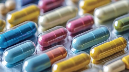 Multiple colorful vitamin supplements in blister packs close up