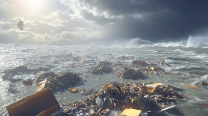 Floating debris piles creating miniature islands of disaster on a stormy ocean surface with crashing waves under a dark cloudy sky