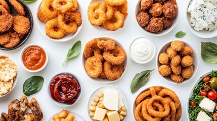 Overhead view of various savory snacks with cheese bites and dipping sauces