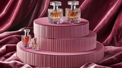 Perfume Bottles Displayed Elegantly on Tiered Pink Velvet Shelf