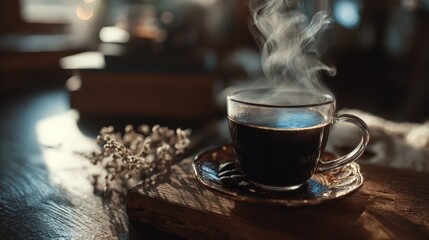 Cozy coffee cup with steam on a wooden table surrounded by warm light and decorative elements in a quiet indoors setting