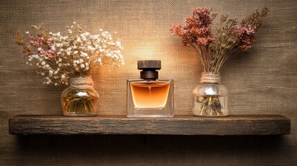 Perfume bottle on rustic wooden shelf with floral decor