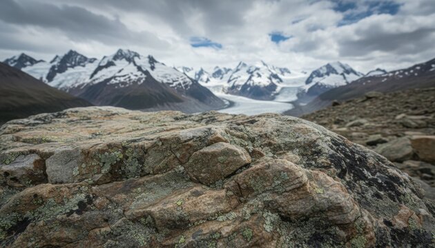Weathered rock in foreground frames distant glacier and snowy peaks under cloudy sky - Powered by Adobe