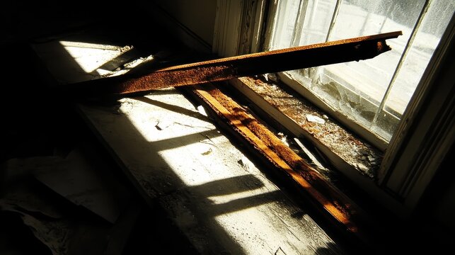 Rusty metal bars on a broken window frame in a dilapidated building with sunlight casting shadows