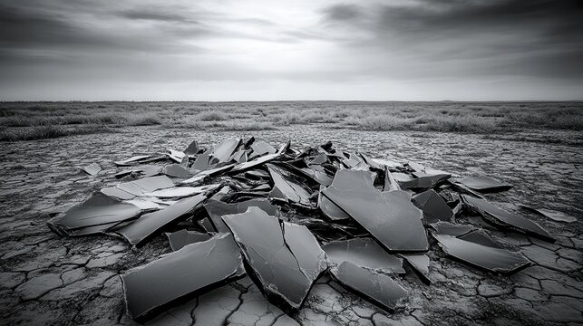 Jagged shards of obsidian like material scattered across cracked dry ground under a cloudy sky