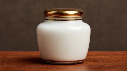 Elegant white ceramic jar with a golden lid placed on a wooden surface against a neutral background