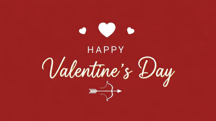 Naklejka premium Happy Valentine's Day greeting card design with gold typography, white hearts, and a cupid's arrow on red background.