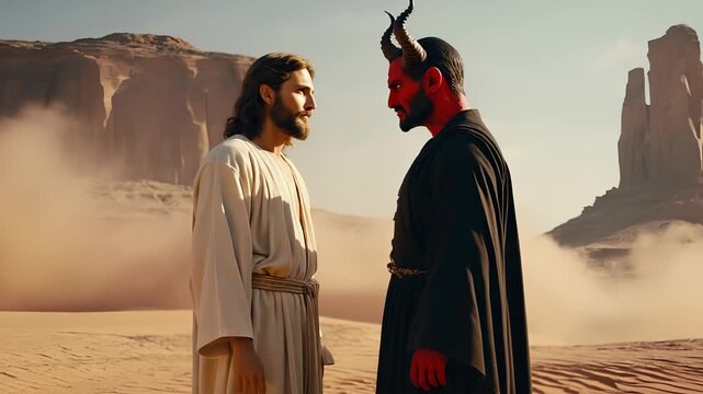 Jesus Christ Face to Face with the Devil in the Desert, Encounter, Temptation, Good Versus Evil, Religious Concept, Spiritual Conflict
