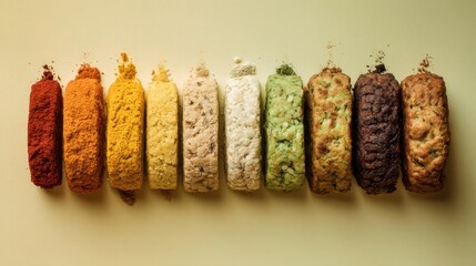 Vibrant spices and herbs in a row on yellow background for culinary inspiration