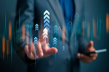 Businessman touching  arrow up growth graph circuit technology investment to success. financial data graph strategy. market chart profit money. Positive result on development hi tech business. arrow