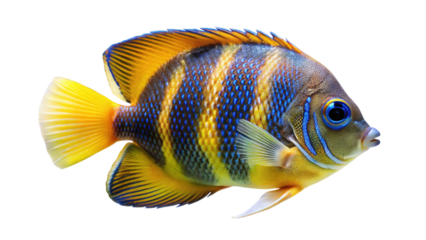 Vibrant yellow and blue striped angelfish swimming gracefully isolated on transparent background