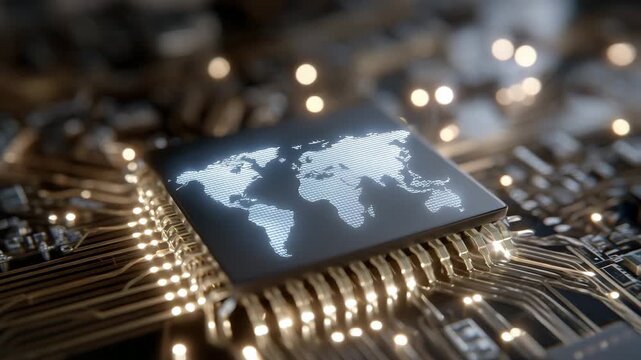 Detailed close-up of processor surface with world map embedded in microcircuitry, glowing PCB lines and ultrafine electronic textures highlighted under dramatic lighting