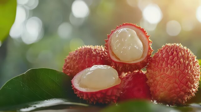 Ripe lychees with sliced lychee fruits and bright natural light