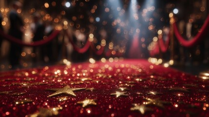 Golden Stars on Red Carpet with Glamorous Bokeh Lights
