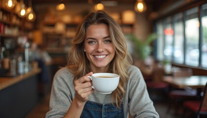Young woman smiles holding hot coffee cup in cafe. She enjoys morning caffeine beverage and warm aroma sitting indoors. Relaxed female person drinks cappuccino.