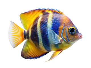 Vibrant regal angelfish with striking blue yellow and orange stripes isolated on transparent background