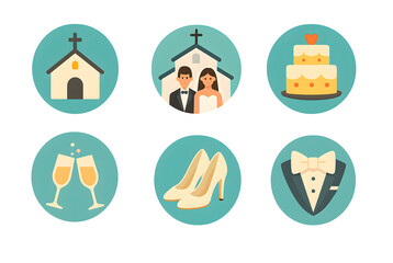 Fototapeta premium Wedding Ceremony and Celebration Icons Set — Church, Bride and Groom, Wedding Cake, Champagne Glasses, Bridal Shoes and Groom Suit for Event and Love Themes