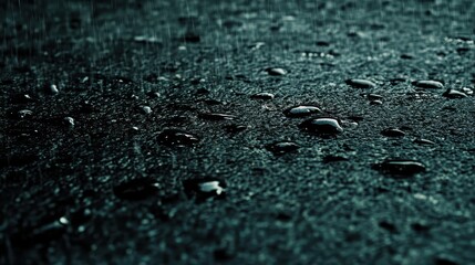 Raindrops on Polished Obsidian Pebbles Creating a Wet Surface