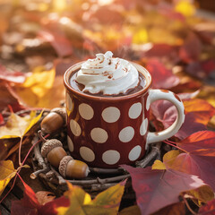 Hot sweet cocoa coffee drink with chocolate and cinnamon cream in a white mug on a brown cafe table