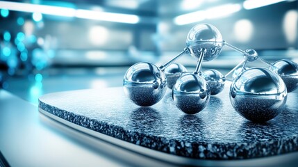 Polished stainless steel spheres of varying diameters arranged in a molecular structure on a textured surface with soft blue background lighting