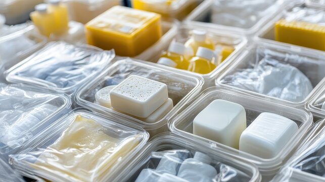 Sealed containers of essential hygiene kits including soap and sanitizing liquids for personal care and safety