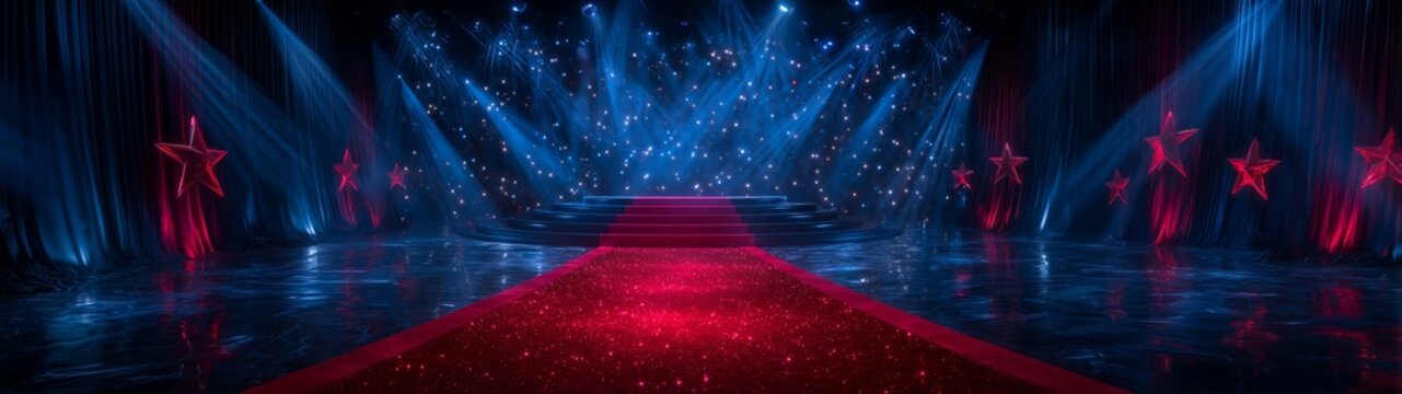 Cinematic Award Show Stage with Red Carpet and Blue Spotlights