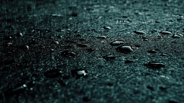 Raindrops on Polished Obsidian Pebbles Creating a Wet Surface