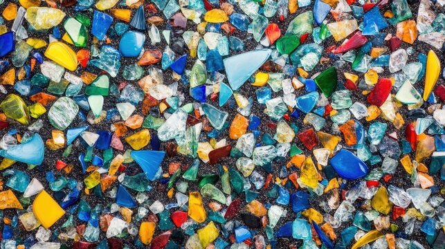Scattered shards of colored glass reflecting light in a mosaic