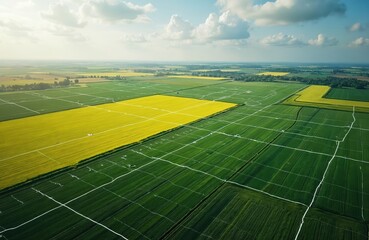Vast agricultural fields show green and yellow crops divided by white lines. Aerial view reveals organized farm plots with varied plant growth patterns and distant trees under a bright sky.