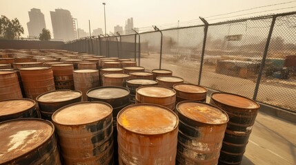 Rows of identical empty rusty metal fuel drums stacked haphazardly outdoors near a fence with a hazy industrial cityscape in the background