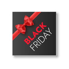 Black Friday Sale Banner with Realistic Red Gift Bow
