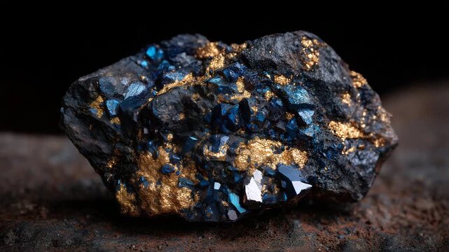 Detailed macro shot of metallic and mineral fragments clustered together, dark surface providing depth, reflecting light to showcase rarity and industrial value