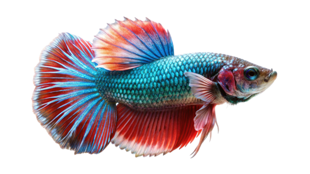 Vibrant siamese fighting fish with flowing fins displaying a spectrum of colors isolated on transparent background
