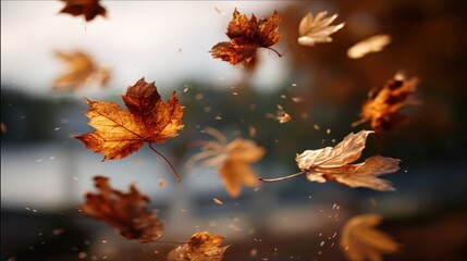 Colorful autumn leaves swirling in the breeze on a sunny day in a serene park landscape