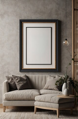 Modern blank photo frame close up in stylish living room interior
