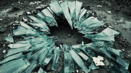 Shattered fragments of broken glass bottles and containers scattered across the ground creating a sharp textured pattern