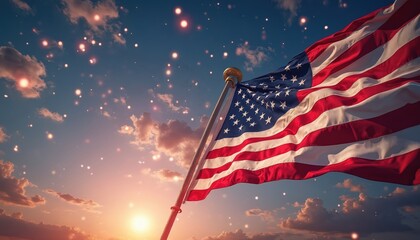 Illustration presents the American flag waving against a colorful sunset sky. The photo conveys patriotic sentiments. This photo celebrates US Independence Day. It suitable for holidays.
