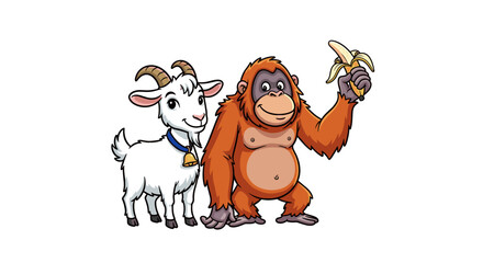 Naklejka premium Cartoon illustration of a smiling goat and an orangutan with a banana isolated on white background