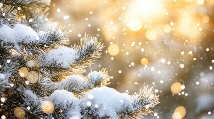 Snow laden pine branches with golden sunlight filtering through